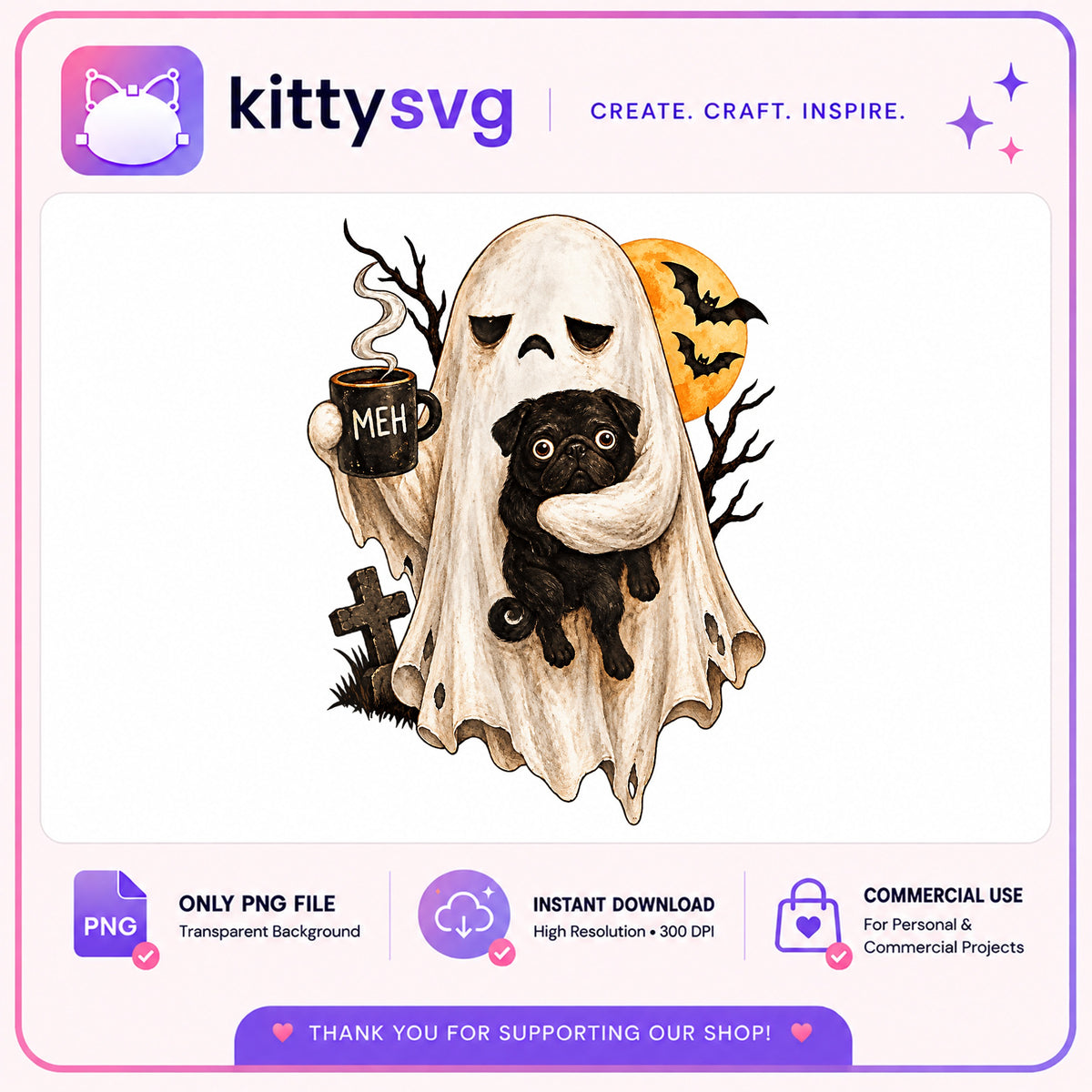 Ghost Pug Halloween PNG, Spooky Dog Coffee PNG, Halloween Dog PNG