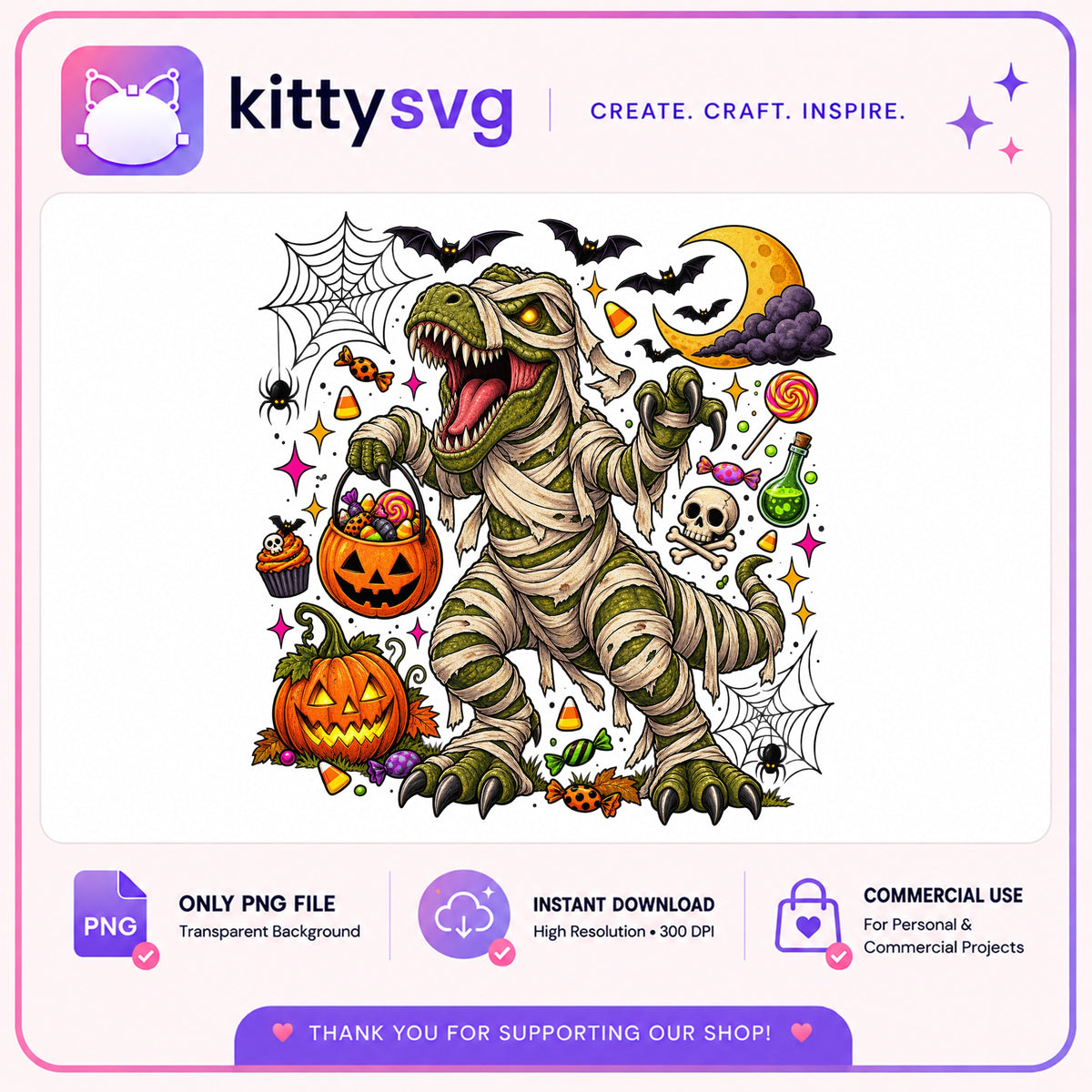 Halloween Mummy T-Rex Dinosaur PNG, Spooky Dino PNG, Halloween PNG