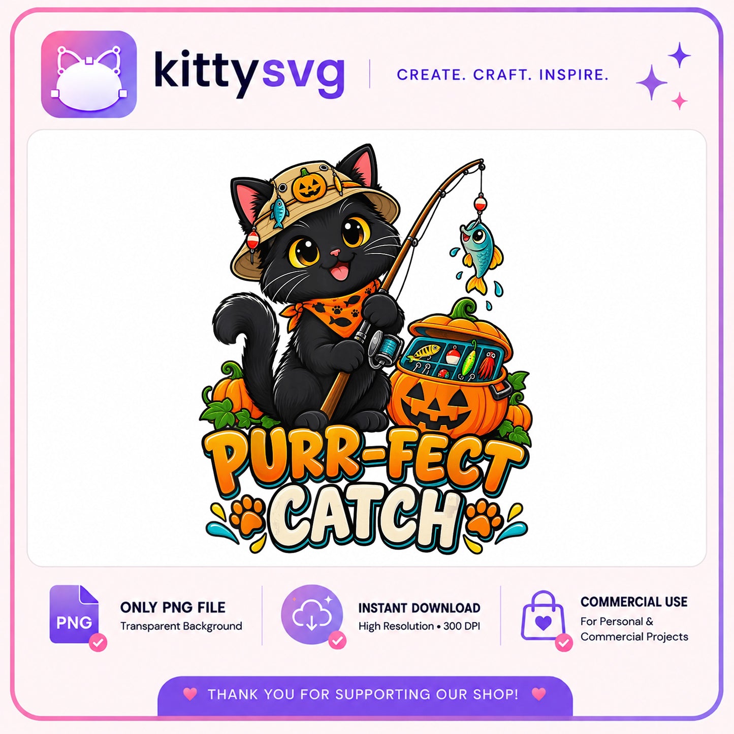 Halloween Black Cat Fishing PNG, Purr-Fect Catch PNG, Cat Halloween PNG