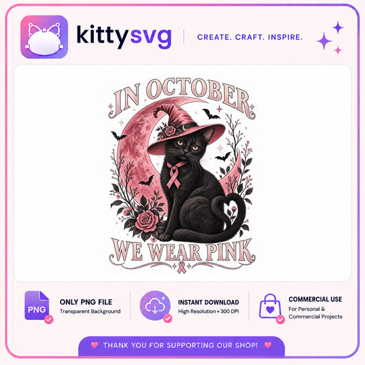 In October We Wear Pink Black Cat PNG, Breast Cancer PNG, Halloween PNG