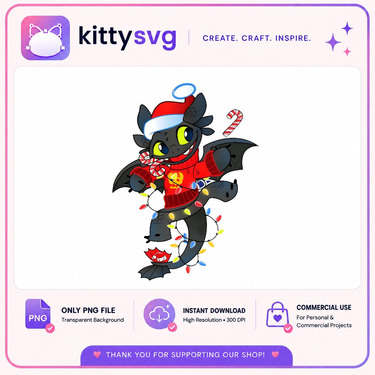 Toothless Angel Christmas PNG, Santa Hat PNG, Candy Cane Lights PNG