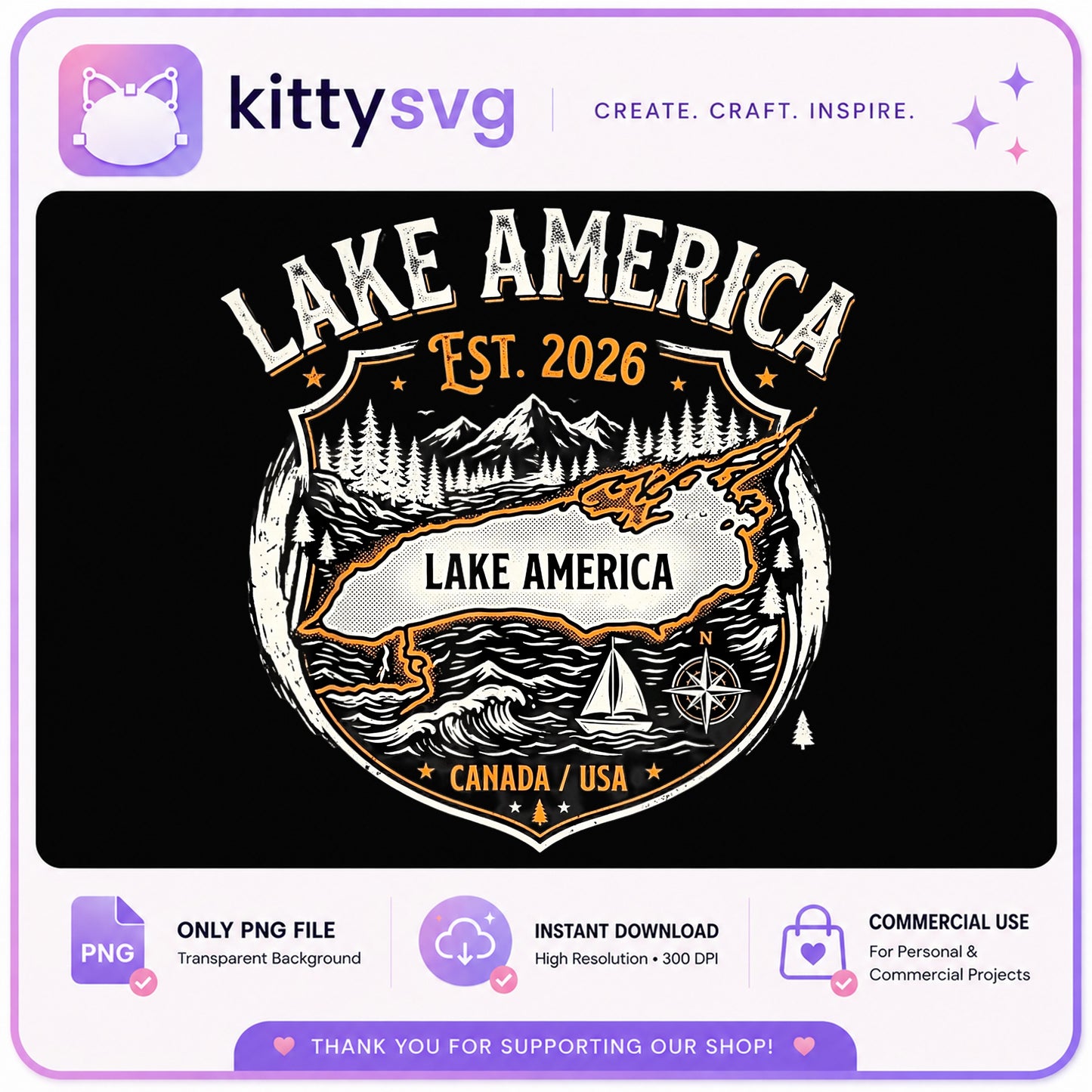 Lake America Est 2026 Vintage Badge PNG, Lake Life PNG, Canada USA PNG