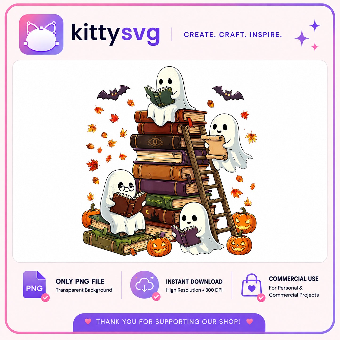 Halloween Ghost Reading Books PNG, Cute Ghost Bookish PNG, Spooky PNG